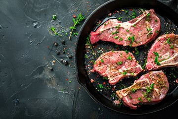 Cut raw meat pork steaks with seasonings in black cast iron pan, dark rustic stone background top view, ready for roasting. Pork loin chops cooking with space for text