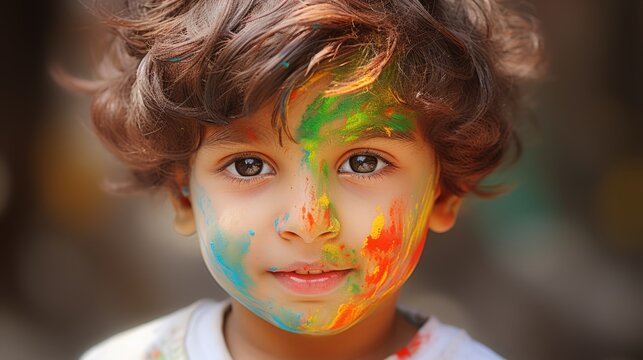 Cute little boy with face covered with multicolored paint.