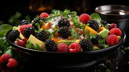 Healthy salad with fresh fruits and vegetables on a black background.