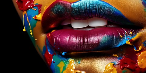 Close up shot of beautiful woman lips with multicolored makeup.