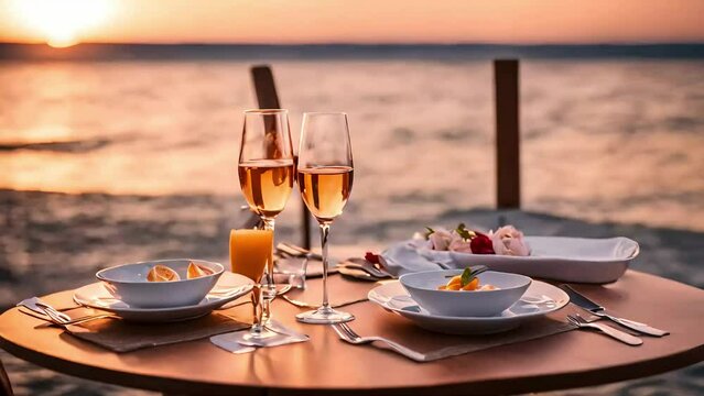 Romantic small table with candles, An Intimate Evening with Champagne and sea Views, candlelit dinner table set for two, loop video background animation, youtube video, couples video, stock video, ai