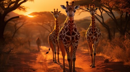 Giraffes on safari road at sunset - obrazy, fototapety, plakaty