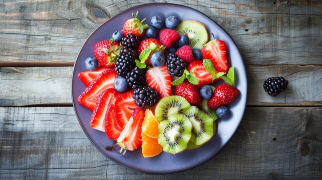 Sliced fruits and berries on plate on wooden table 