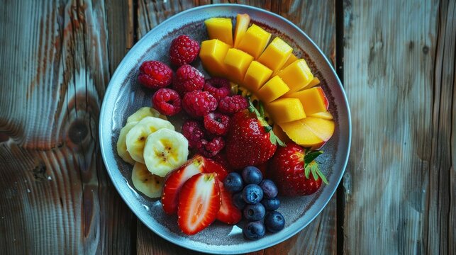 Sliced fruits and berries on plate on wooden table 