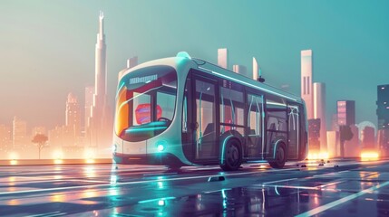 Futuristic Autonomous Bus Illuminated with LED Lights Navigating Through a Rainy City Night