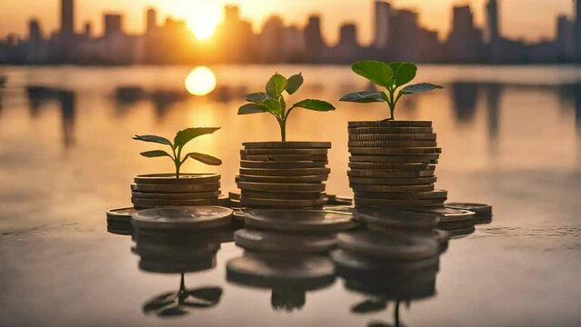 A plant growing out of a pile of coins. Generative ai, Money coin stack growing graph investment. Business Finance Save Money, green sapling growing out of a pile of golden coins.	