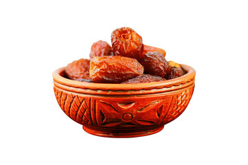 Dates fruit in a clay bowl isolated on a transparent background
