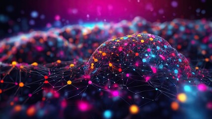 A vibrant 3D render of interconnected, colorful spheres and lines against a dark, cosmic backdrop. Ideal for representing networks, connections, or technology