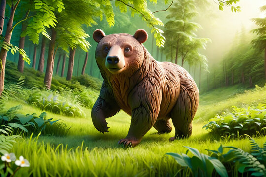 A bear runs through the lush spring green grass