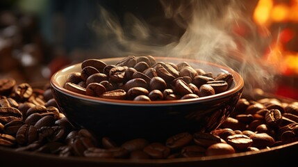 hot coffee bean accompanied with smoke and smoke - obrazy, fototapety, plakaty
