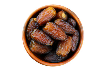 Dates fruit in a clay bowl isolated on a transparent background, Top view