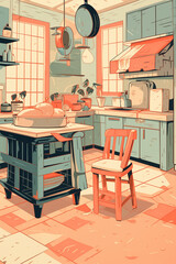 Inside a cozy retro kitchen, the neat and rustic wooden furniture creates a vintage atmosphere. Limited color palette, featuring shades of pink and blue. AI-generated illustration