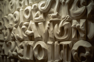 A white plaster bas-relief of deformed, strange letters on a wall. A close-up of a gibberish text as a part of an artwork. AI-generated - obrazy, fototapety, plakaty