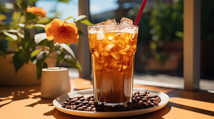 Glass of cold brew with straw and coffee beans on color table against white background - obrazy, fototapety, plakaty