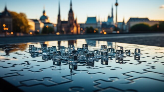 glass jigsaw puzzle on a city background