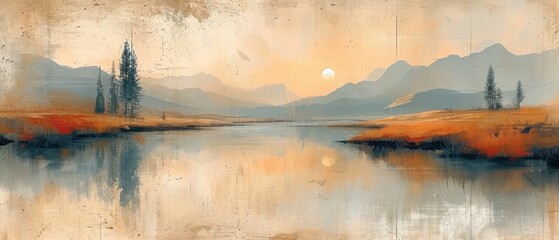 Sunset over a serene lake, A tranquil scene of mountains and water, The beauty of nature captured in an artistic painting, A peaceful landscape with the sunlight reflecting on the water.