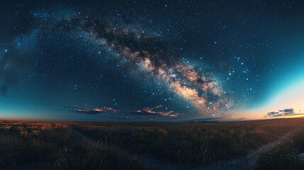 A mesmerizing view of the Milky Way galaxy strewn across the night sky, witnessed above a serene, grassy field at twilight - obrazy, fototapety, plakaty