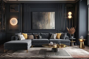 Art Deco Luxury: Modern Living Room with Eclectic Design and Grey Sofa in Turquoise and Grey Tones
