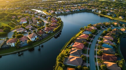 Fototapeta na wymiar American Dream Homes: Aerial View of Waterfront Complex in South Florida Suburbs