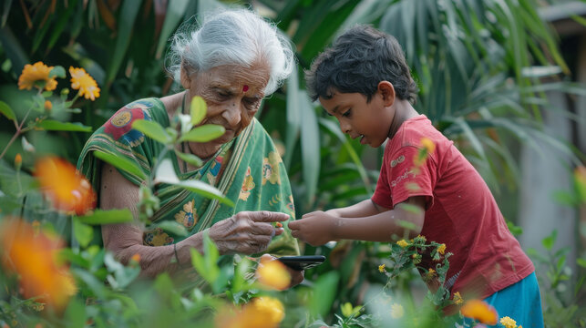 Depicting a lovely old lady in saree showing a smartphone to a child amidst lush surroundings, indicating generational knowledge transfer