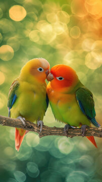 two budgies kissing with their beaks, a couple in love, green background with bokeh, sitting on a branch