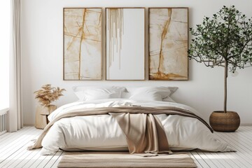 Contemporary Boho Bedroom Interior with Neutral Wall Art and Set of Posters