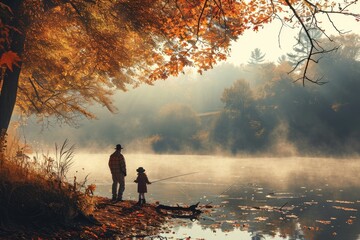 Autumn Fishing: A Family Sunrise on the Misty Lake Pier