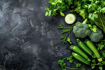 Different fresh various vegetables, cut zucchini, greenery on rustic dark background top view. 