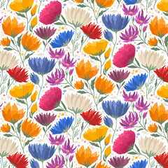 Seamless pattern with drawn bright wildflowers on white background. Vector illustration