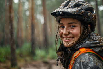 A beautiful young cycling woman with muddy face in the rain.