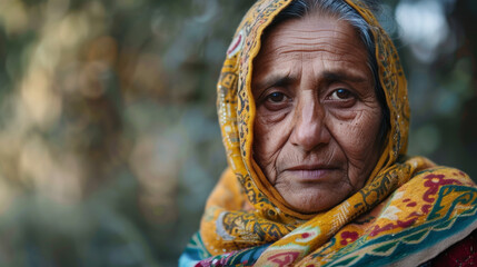 Close-up of an aged woman with a deeply lined face and a vibrant headscarf looking at camera - obrazy, fototapety, plakaty