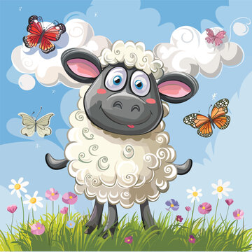 Vector cartoon funny sheep with beautiful butterflies