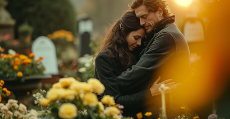 Family mourning at grave on graveyard or cemetery