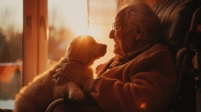 A serene image capturing a quiet moment between an elderly person in a wheelchair and a dog looking at a sunset through a window