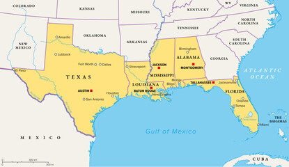 Gulf States of the United States, also called Gulf South or South Coast, political map. Coastline along Southern United States at Gulf of Mexico. Texas, Louisiana, Mississippi, Alabama and Florida.