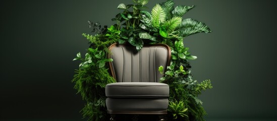 A chair indoors with a vibrant green plant growing out of its seat, showcasing the unexpected beauty of nature intertwining with man-made objects.