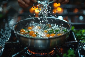 Vibrant image of eggs being cooked with fresh herbs in a sizzling pan, capturing the essence of home cooking