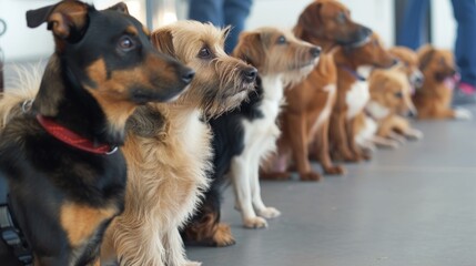dogs waiting in line for obedience trial outdoors - obrazy, fototapety, plakaty