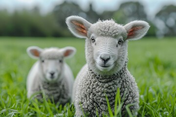 Fototapeta premium Two adorable young lambs standing together in a lush green meadow, focus on one with the face blurred