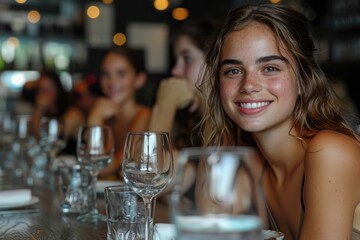 Smiling young woman enjoying time at a dining table with glasses and friends - obrazy, fototapety, plakaty