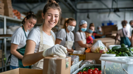 Smiling young volunteers packing boxes of food in a warehouse for a community service event - obrazy, fototapety, plakaty