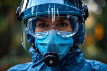 A person wearing a blue helmet with a face shield and visible body armor in an undetermined setting - obrazy, fototapety, plakaty