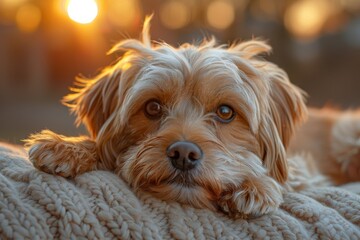 Warm-toned portrait of a cute dog comfortably lying on a soft blanket during golden hour