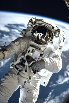 Astronaut spaceman do spacewalk while working for space station in outer space . Astronaut wear full spacesuit for space operation