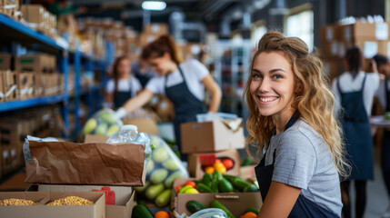 A happy female volunteer sorting fresh fruit in a warehouse setting, promoting community and teamwork