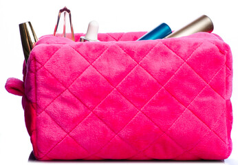 Pink cosmetic bag with cosmetic lipstick mascara perfume make up beauty on white background isolation