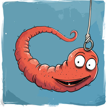 Worm on fishing hook cartoon