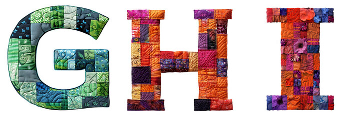 Quilted Patch Letters G, H, I Isolated on Transparent or White Background, PNG