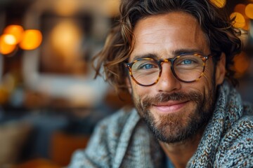 Heartwarming portrait of a man with eyeglasses and curly hair, smiling in a comfortable cafe setting