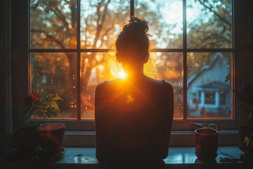 A woman stands in contemplation as the fading sun illuminates the room, casting a gentle glow on her silhouette - obrazy, fototapety, plakaty